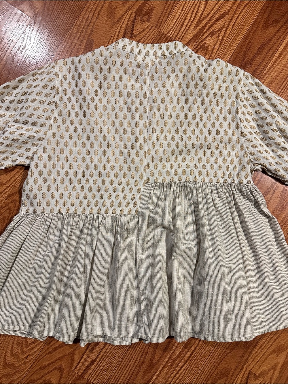 Roolee Cotton Cream with stripes and leaf Print Tiered Peasant Blouse size M - Picture 9 of 11